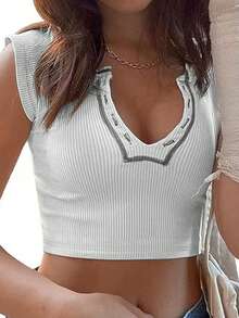 INAWLY Camiseta crop tejido de canalé - Blanco - Ver 4