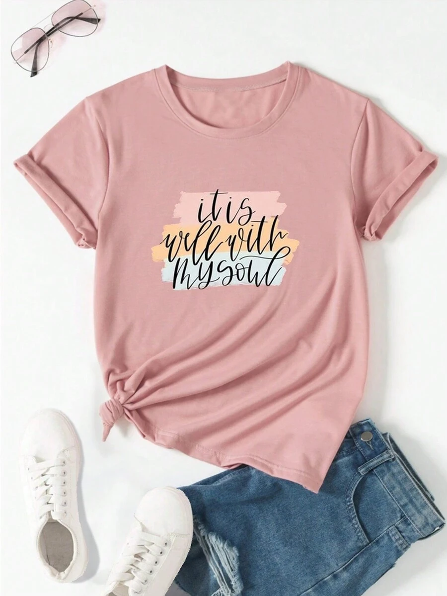 SHEIN LUNE Slogan Graphic Tee - Pink - View 1