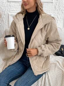 SHEIN LUNE Áo khoác đệm ấm mùa đông có mũ trùm đầu dành cho nữ có khóa kéo - Màu be - Xem 3