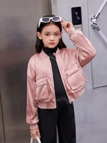 SHEIN Tween Girl Flap Pocket Drop Shoulder Zipper Up Thermal Bomber Jacket - Dusty Pink - View 5