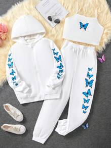 SHEIN Explorewe 青少年女孩蝴蝶圖案吊帶上衣和運動褲和拉鍊開襟連帽衫 - 白色 - 查看 1