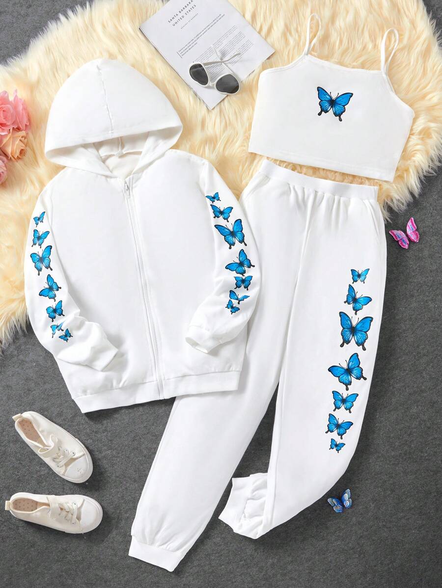 SHEIN Explorewe 青少年女孩蝴蝶圖案吊帶上衣和運動褲和拉鍊開襟連帽衫 - 白色 - 查看 1