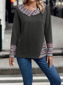 EMERY ROSE 条纹印花彼得潘领套头卫衣 秋季卫衣 - 深灰色 - 查看 6