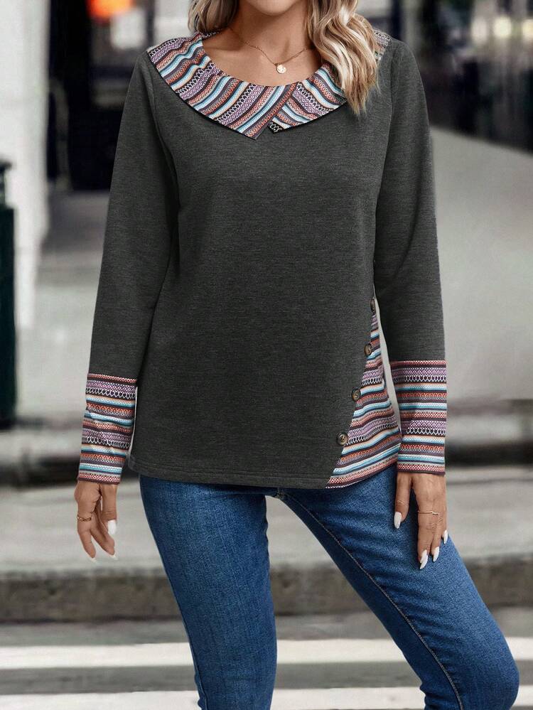 Striped Print Peter Pan Collar Sweatshirt Pullover Fall Sweatshirt