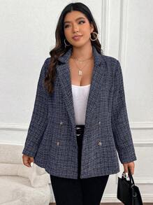 Flirla Plus Plaid Pattern Double Breasted Tweed Blazer, For Winter - Blue - View 4