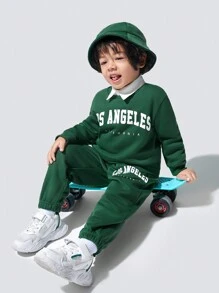 SHEIN Young Boy Letter Graphic Sweatshirt & Sweatpants & Hat Without Shirt - Green - View 1