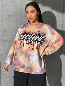 SHEIN EZwear Plus Tie Dye Letter Graphic Drop Shoulder Sweatshirt - Multicolor - View 6