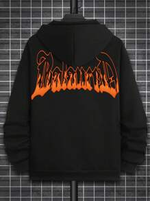 Manfinity Homme 男士大码標語圖案拉鏈開襟加絨內裏抽繩連帽衫不帶T恤 - 黑色 - 查看 2