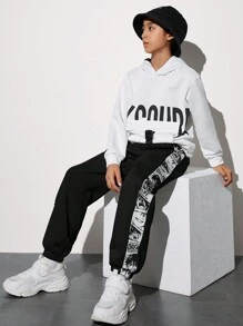SHEIN Tween Boy Letter Graphic Contrast Side Seam Drawstring Waist Sweatpants