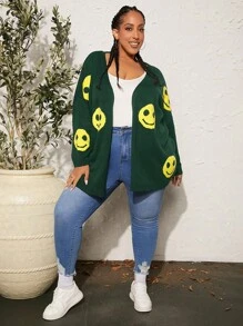 SHEIN CURVE+ Plus Cartoon Pattern Drop Shoulder Duster Cardigan In Fall/Winter - Green - View 6