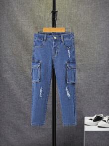 SHEIN Young Boy Ripped Frayed Flap Pocket Side Cargo Jeans - Medium Wash - View 3
