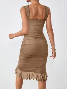 Allurite Vestido fruncido bajo con fruncido fruncido bajo asimétrico - Caqui - Ver 2