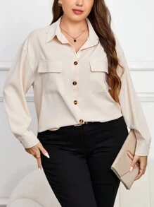 SHEIN Frenchy Plus Flap Pocket Drop Shoulder Shirt - Apricot - View 5