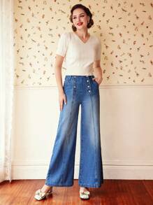 Vintamour High Waist Button Fly Wide Leg Jeans - Dark Wash - View 3