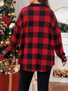 SHEIN LUNE Plus Buffalo Plaid Print Drop Shoulder Coat - Red - View 2