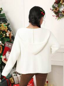 SHEIN EZwear 絨球裝飾抽繩連帽開襟衫 - 米色 - 查看 3
