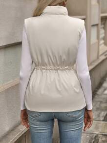 Chiquease Flap Pocket Drawstring Waist Zipper Vest Padded Coat Clothes Winter - Apricot - View 2