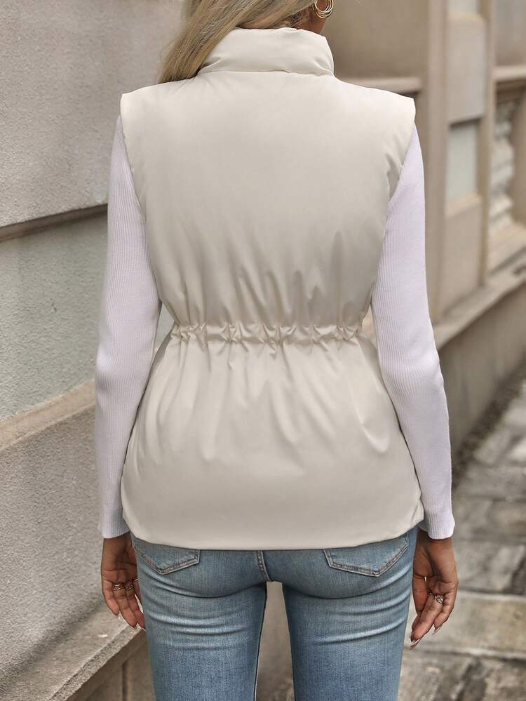 Flap Pocket Drawstring Waist Zipper Vest Padded Coat Clothes Winter