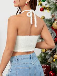 SHEIN EZwear Chất rắn Áo Crop Halter - trắng - Xem 2