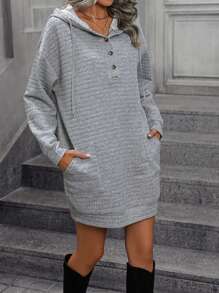 SHEIN Essnce Kangaroo Pocket Drop Shoulder Drawstring Hooded Dress - Grey - View 1