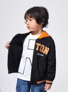 SHEIN جاكيت بطباعة أحرف مقلم مخطط بطباعة تيدي قبعة بدون كنزة صوف ولد طفل