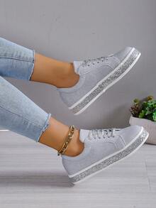 女性時尚耐磨繫帶鞋帶閃閃發光裝飾,銀平底運動鞋適用於休閒&運動 - 銀色 - 查看 5