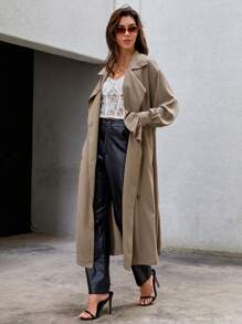 SHEIN Essnce Double Breasted Belted Trench Coat - Coffee Brown - View 4