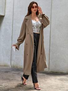 SHEIN Essnce Double Breasted Belted Trench Coat - Coffee Brown - View 5