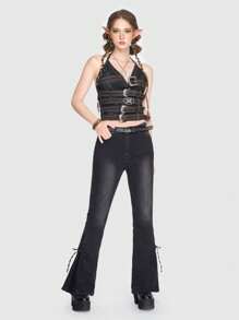 ROMWE Avant Ca-vát Backless Dây Tops Denim - màu đen - Xem 1