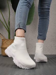 Women High Top Slip On Sports Shoes, Sporty White Sock Sneakers For Outdoor - White - View 4