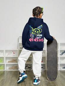 SHEIN Tween Boy Bear & Slogan Graphic Sweatshirt - Navy Blue - View 5
