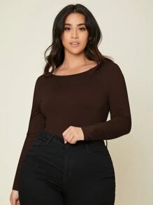 SHEIN BASICS Plus Solid Tee Bodysuit - Coffee Brown - View 6