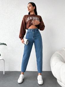 EURMUSE High Waist Mom Fit Jeans - Biru - View 3