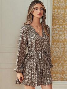 Poéselle 滿版印花燈籠袖腰帶百褶下擺洋裝