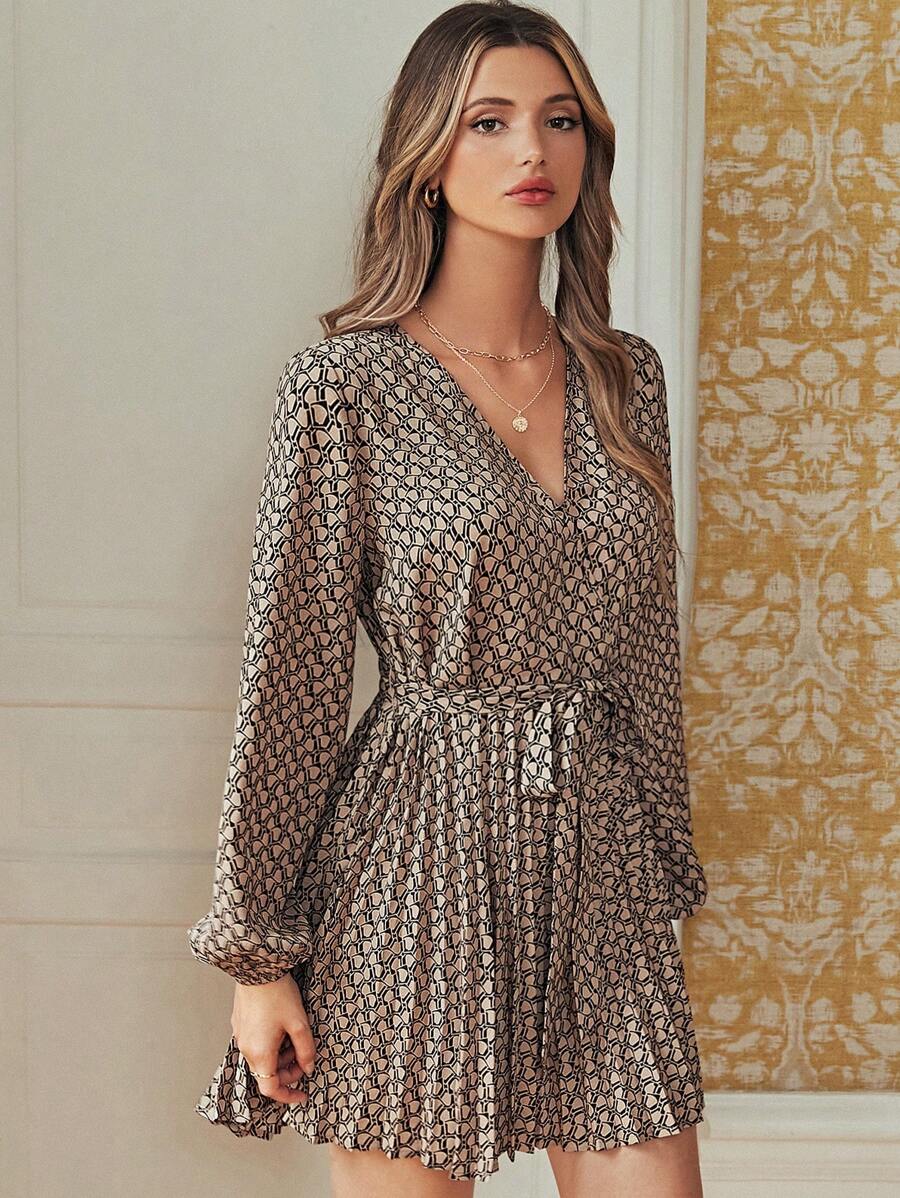 Poéselle 滿版印花燈籠袖腰帶百褶下擺洋裝