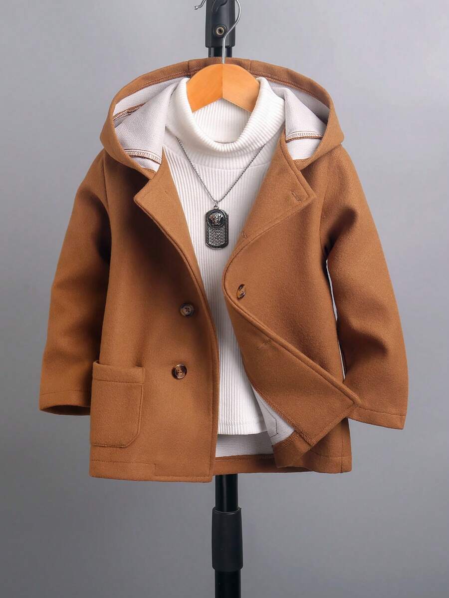Young Boy 1pc Dual Pocket Hooded Overcoat