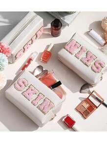 1 件皮肤刺绣毛巾字母装饰 PU 皮革拉链便携式防水化妆包、化妆包化妆袋护肤包洗漱包收纳袋、旅行必需品邮轮必需品宿舍必需品、婚礼伴娘礼物、妈妈礼物、生日礼物、送给朋友和老师的礼物、家居装饰、浴室客厅床浴室收纳包、珠宝收纳包、唇油收纳包、指甲油收纳包化妆包收纳化妆品收纳包化妆盒包、化妆包、化妆包、化妆包 - 彩色 - 查看 5