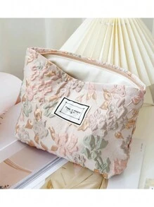 1pc Apricot Pink Big Flowers Embossed Handle Noble Three-Dimensional Large Capacity Waterproof Travel Portable Classic Soft Hexagonal Bag Makeup Bag For Women Girls Storage Makeup Organizer Makeup Case - Multicolor - View 6
