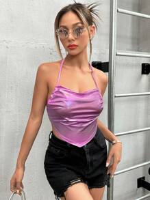 VaVaBold Holographic Tie Backless Halter Top