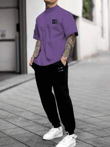 Manfinity Homme Men Letter Graphic Shirt & Drawstring Waist Sweatpants - Purple - View 1