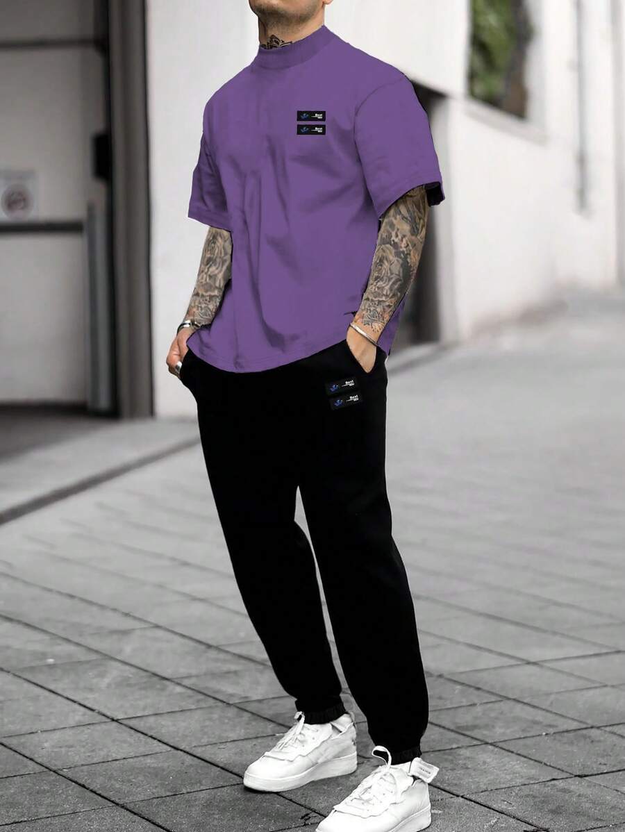 Manfinity Homme Men Letter Graphic Shirt & Drawstring Waist Sweatpants - Purple - View 1
