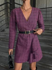 RueChic Plaid Pattern Draped Detail Wrap Dress Without Belt - Hot Pink - View 1