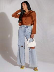 SHEIN BAE Áo sơ mi satin crop cài nút phía trước, áo dài tay - màu nâu - Xem 5