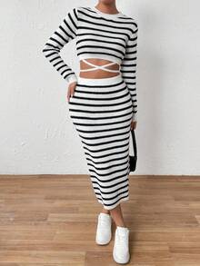 Chiquease 條紋圖案十字交叉後綁帶毛衣和針織裙 - 彩色 - 查看 2