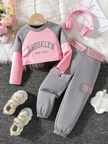 SHEIN 女小童字母圖案插肩袖T恤和運動褲 - 粉色 - 查看 1