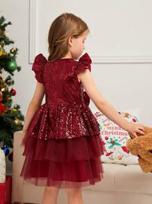 SHEIN Little Girls Sequin Decor Round Neck Cap Sleeve Glamorous Party Dress, Mommy & Me