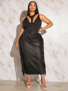 SHEIN SXY Plus Cut Out Front Tank Bodysuit - Black - View 4