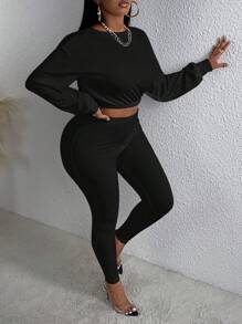Slaydiva Drop Shoulder Short Cropped Top And Leggings Two-Piece Set - Black - View 5