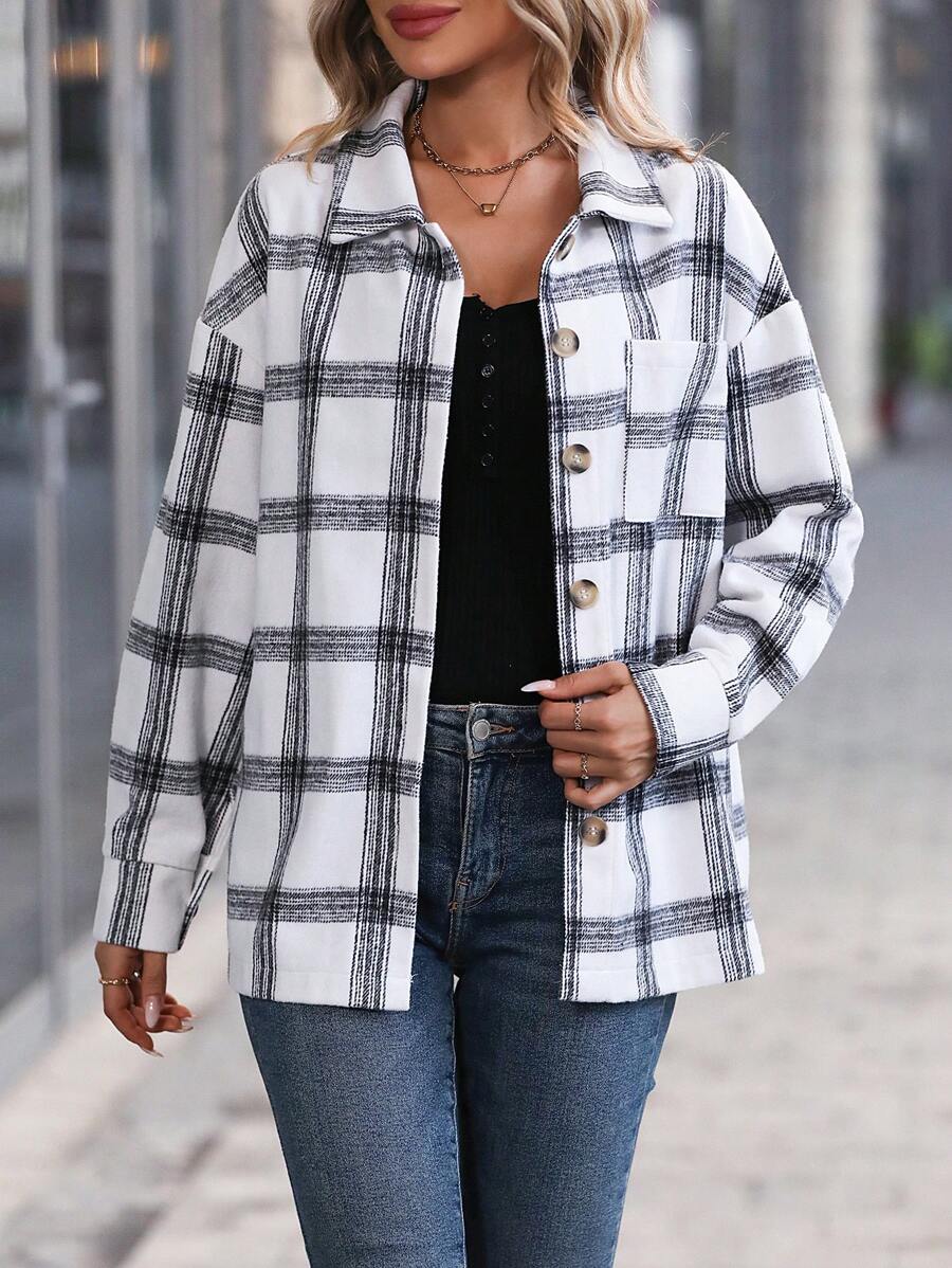 EMERY ROSE Abrigo con estampado de cuadros de hombros caídos con parche de bolsillo con botón delantero