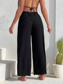 Swim Vcay Summer Beach Solid Cover Up Pants - Black - View 2